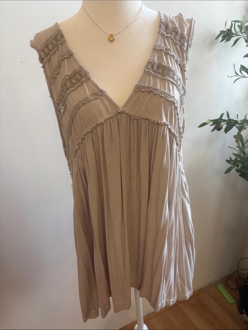 POL Taupe V-Neck Ruffle Trim Tank